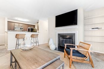 A modern living room with a fireplace and a television. at Southpark Commons Apartment Homes, Charlotte, North Carolina